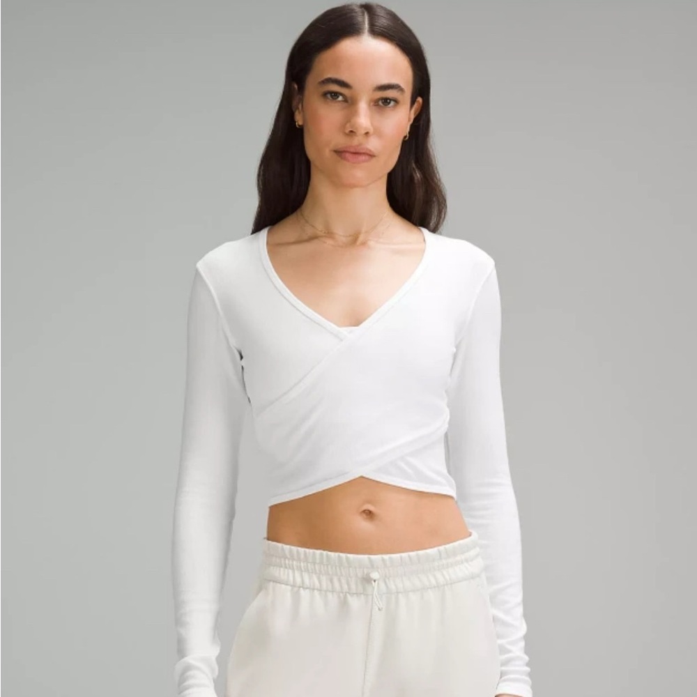 Lululemon Wrap-Front White Ribbed Long-Sleeve Top Size 14-New